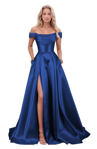 ALFEICE Strapless Prom Dress with Slit 2025 Corset Long Satin Ball Gowns with Pockets for Women Dress Formal Evening Gowns Royal Blue 08