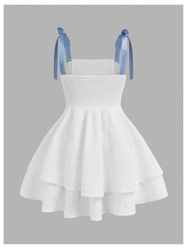 Image of SHENHE Girl's Smocked Ruched A Line Swing Dress Layered Tie Shoulder Flowy Cami Short Dress