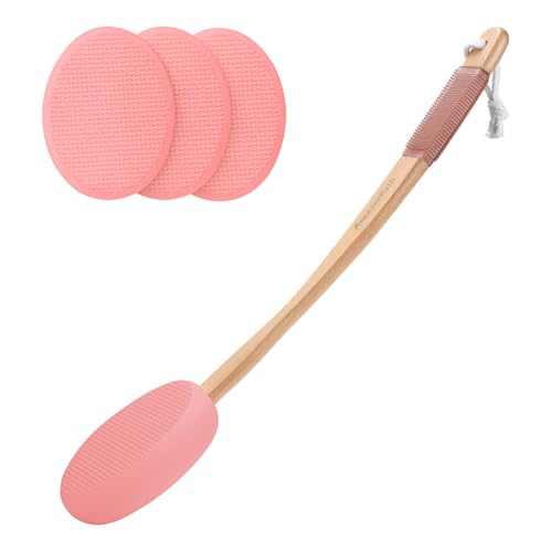 Image of AmazerBath Lotion Applicator for Back, Feet, 4 Replacement Pads with 17 inch Curved Handle, Back Sunscreen Applicator for Kids, Elderly, Women, Apply Skin Cream Medicine Moisturizer Tanner, Apricot Red