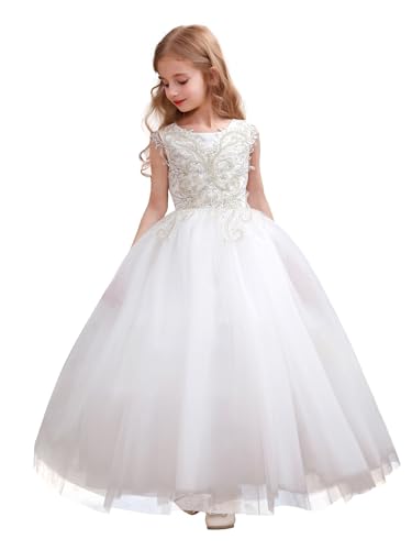 Fancy Sequin Beaded Girls Pageant Ball Gown Lace V Back Flower Girl Dress for Wedding