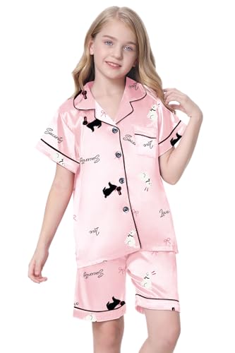 Image of Schbbbta Girls Womens Pajamas, Satin Silky Pjs Set Kids 2Pcs Button-Down Nightwear Sleepwear Gift for Mommy and me