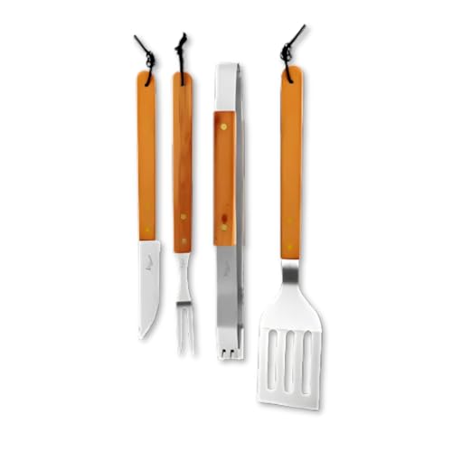 Kit Churrasco Profissional 4 Peças Aço inoxidável com Cabo de Madeira Premium – Faca, Garfo, Espátula e Pegador para Cortar, Grelhar e Servir Carnes