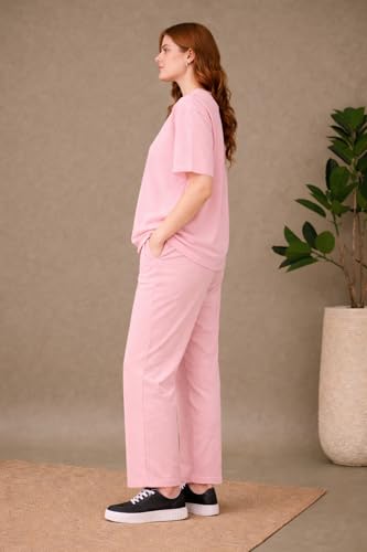 Image of Kvetoo Women Solid Tracksuit Set Cotton Lounge Wear Set Half Sleeve Polo T-Shirt & Straight Pant Casual Travel Outfit