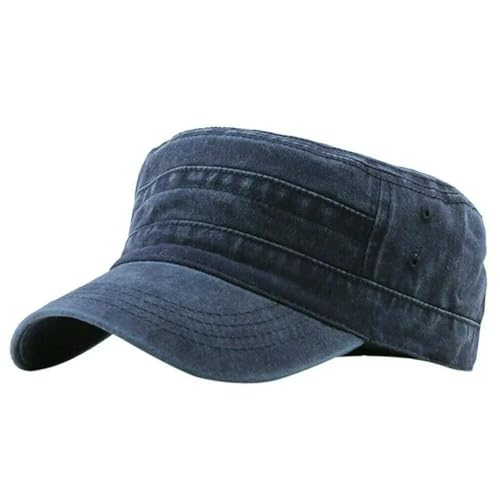 Flat Top Cap Solid Color Washed Duckbill Cap Men's and Women's Four Seasons Sun Hat Casual Hat-Navy Blue-22-23.6 Inch