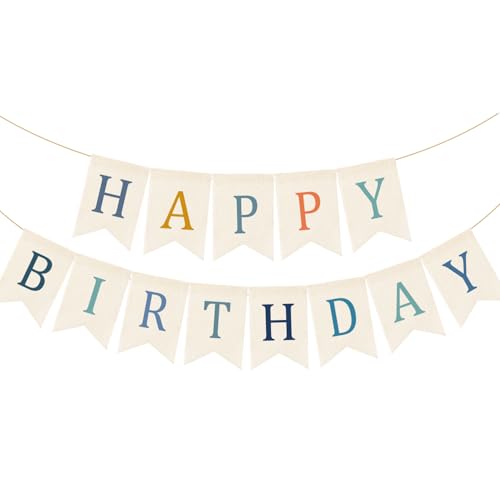 Image of Doumeny Happy Birthday Burlap Banner Boho Birthday Bunting Garland Blue Bohemian Sign Flag White Birthday Hanging Banner Pastel Rainbow Party Decor for Home Mantel Fireplace Nursery Party Backdrop