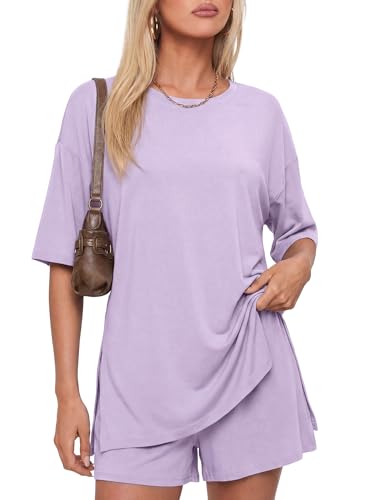Image of Darong Women's 2 Piece Shorts Set Loungewear | oversized tshirts,crew neck top,drawstring shorts,elastic waist, side pockets,summer travel outfits