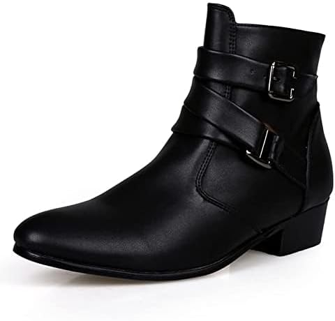 PURCHAWEE Men's Leather Pointed Toe Chelsea Boots,Buckle Straps Side Zipper Chunky Low Heel Western Formal Dress Boots Ankle Boots - Image 3