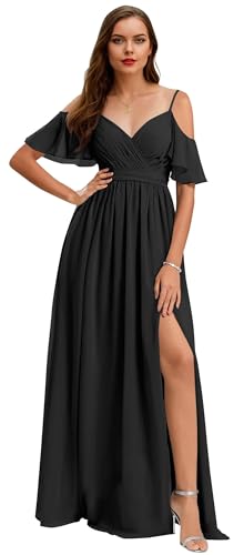 Women’s V Neck Chiffon Bridesmaid Dresses 2025 Cold Shoulder Pleated Formal Evening Dress with Slit