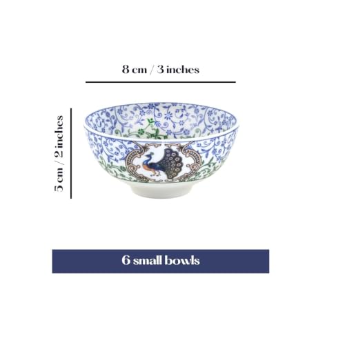 Image of GOLDEN QUEEN'S Porcelain Mini Bowl Set of 6 | Perfect for Dips, Chutneys, Dessert, Nuts, Pickles, Bites | Microwave Safe - Indian Peafowl Bowls, Multicolor, 120 Ml