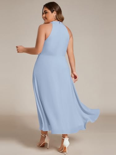 Image of Ever-Pretty Plus Women's Sleeveless Halter A Line Pleated High Low Plus Size Wedding Guest Cocktail Dresses 31926-DA