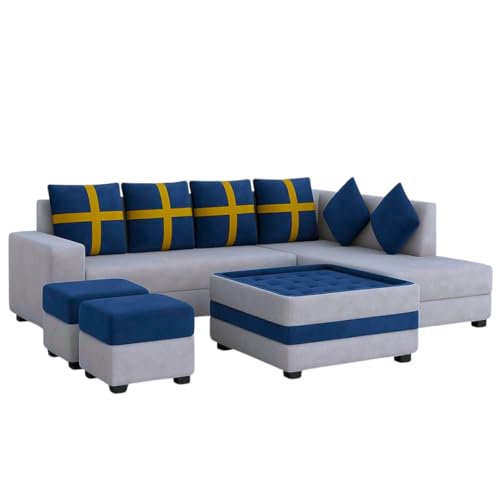 Image of FURNY Premium Arora 8 Seater Fabric RHS L Shape Sofa with 2 Ottoman + 1 Centre Table Ottoman Set for Living Room | in Dark Blue & Light Grey Color with Velvet Fabric | | Durable C
