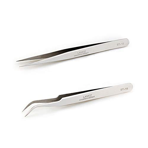 LANKIZ Eyelash Extension Tweezers Stainless Steel Straight and Curved Volume Lash Tweezers Set