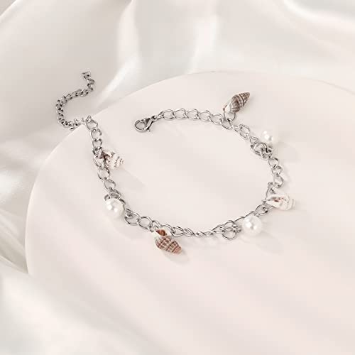 Cute Stainless Steel Anklet Women: Summer Beach Pearl Sea Shell Charm Ankle Bracelets Accessory - Adjustable Fashion Foot Chain Dangle Jewelry - Simple Dainty Gifts For Girls Teen (Stainless Steel) #TOP4