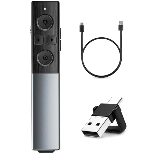 Metallgehäuse Wireless Presenter für Präsentationen mit Lautstärkeregelung, USB Typ C 2 in 1 Wiederaufladbar Präsentation Fernbedienung Präsentator Pointer für Mac Keynote PPT PC Laptop Büro