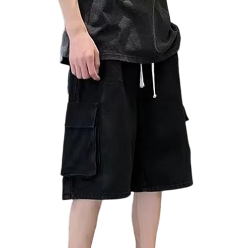 Pantalones Cortos de Hombre Estilo Retro Hip Hop Skate Y2K, Vaqueros Holgados con Cintura elástica, Rotos, Estilo Streetwear, Negros, Talla Grande