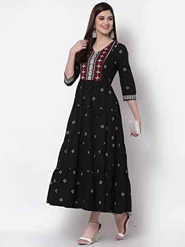Image of Rangavali Black Tiered Dress for Women | Western A-Line Embroidery Maxi Long Dresses for Womens | Mangalgiri Cotton 3 /4 Sleeves 1 Piece Dress for Ladies | All