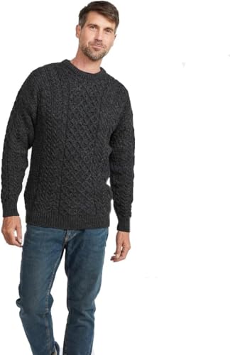 Irish Wool Sweater, Traditional Aran Honeycomb Stitch, Crew Neck, 100% Wool