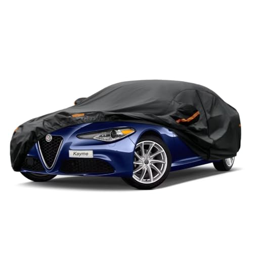 Kayme Sedan Car Cover Fit for Alfa Romeo Giulia (1962-2025) Automobiles All Weather Waterproof, Outdoor Cover Sun Rain Protection, with Lock and Zipper Door.Black black Custom Fit Alfa Romeo