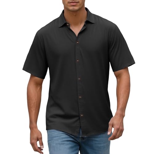 Camisa Lino Hombre Camisa Informal de Lino de Manga Corta para Hombre, Camisa Entallada con Botones, Transpirable, Cómoda y de Verano para Uso Diario