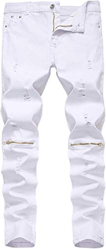 Calça jeans rasgada skinny com ajuste slim e zíper da Majirako, Branco, 14 Slim