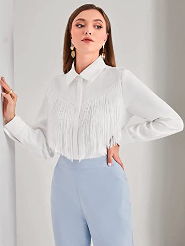 WDIRARA Women's Fringe Trim Long Sleeve Button Up Work Office Simple Shirt Top3