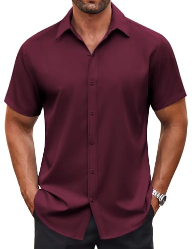 COOFANDY Men's Button Down Short Sleeve Shirt Summer Casual Shirts for Men, Wine Red, Large