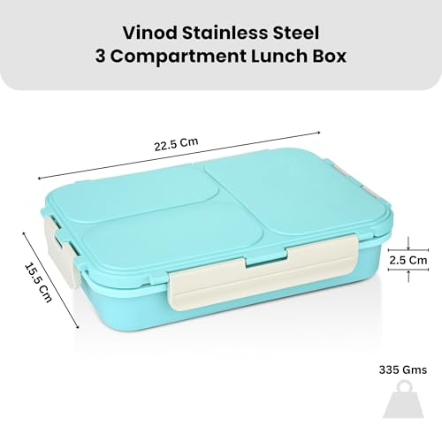Image of Vinod GO-Tiffin Stainless Steel 3 Compartment Insulated Lunch Box | Blue | Leaf-Proof, Vacuum Sealed & Air Tight | Tiffin Box for Office, Kids & Adults | Freezer Safe | with Safety Lock
