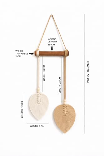 Image of AdFashionble Boho Macrame Wall Hanging Leaf Decor for Home, Living Room & Bedroom | Cotton Thread Art with Wooden Rod | Minimalist Handmade Wall Decoration | Aesthetic Nordic Wall Art for Home, Office & Gift Purpose Lenght- 58 cm Width- 15 cm (LIGHT BROWN & OFFWHITE)