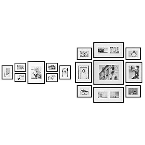 Gallery Perfect 7 Piece Black Photo Kit with Decorative Art Prints & Hanging Template Gallery Wall Frame Set & 9 Piece Black Photo Frame Gallery Wall Kit with Decorative Art Prints & Hanging Template