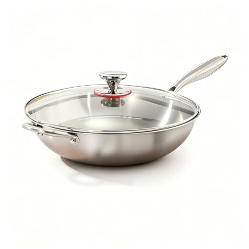 Firequince 13 inch Stainless Steel 316 Wok with Lid Stir-Fry Pans Dishwasher and Oven Safe Works on Induction (13 inch with Lid)