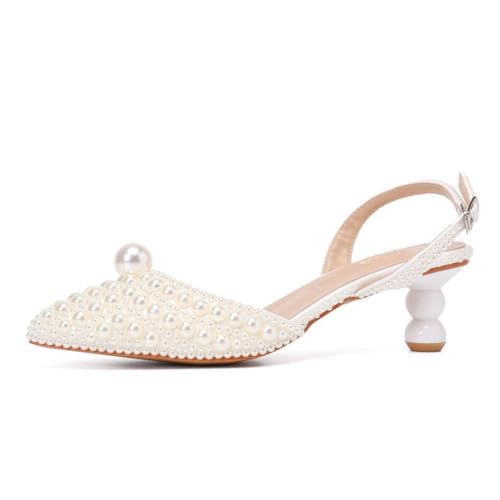 Goolita Full Pearl Kitten Heels for Women, Pointed Closed Toe Slingback Pumps Buckle Strap Rhinestone Bridal Shoes for Wedding2