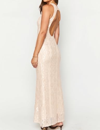 Image of Elegant Lace Floral V Neck Backless Bodycon Dresses for Women Sexy Cut Out Low Back Sleeveless Maxi Dress Wedding Guest
