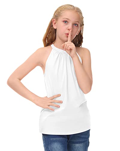 Besserbay Child Girls Halter Neck And Sleeveless Summer Shirt Cute Solid White Tank Top 9-10 Years #TOP3