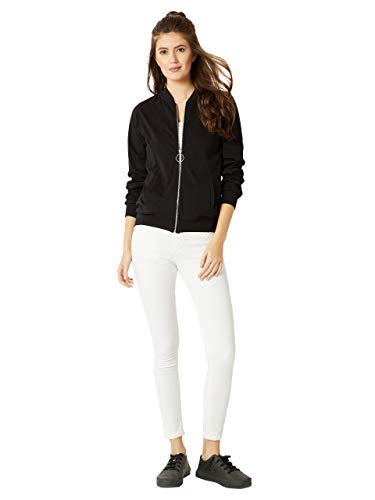 Image of Miss Chase Women's Cotton Standard Round Neck Full Sleeves Solid Ring Puller Detailing Zippered Bomber Jacket