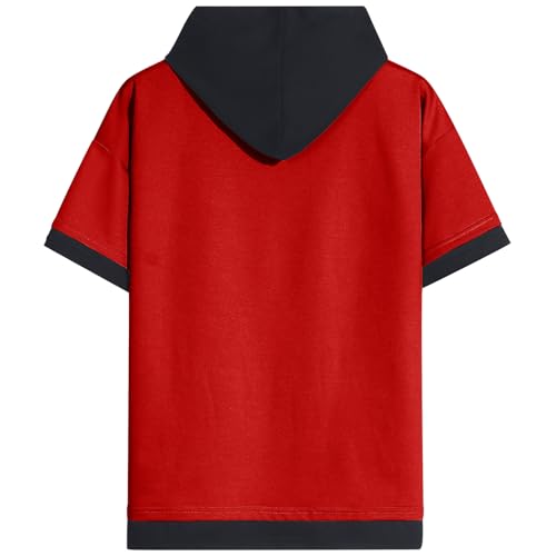 Mens Short Sleeve Hoodie Soft Cotton Color Block Moisture Wicking Big Pocket Streetwear Short Sleeve Sweatshirt2