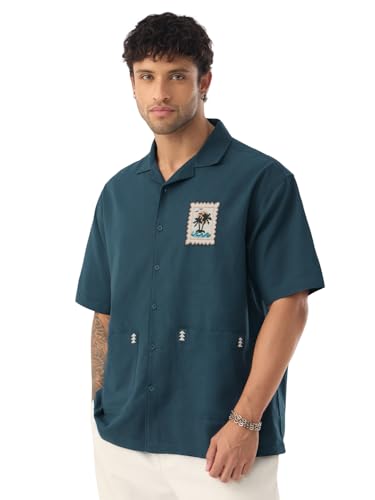 Image of The Souled Store Beach Vibes Men and Boys Short Sleeve Cuban Collar Button Front Blue Embellished Cotton Linen Oversized Shirt