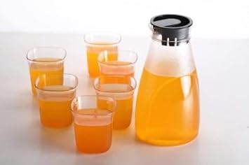 BBD Glass jug 1000 ml with Lid Drinking Glasses 250ML Jug Glass Set Unbreakable Plastic (Set of 6)
