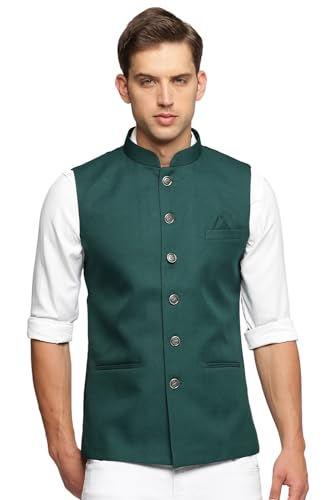 Image of SHOWOFFFF Men Solid Ethnic Nehru Jacket | Mandarin Collar Sleeveless Cotton NehruJacket for Mens | Slim Fit Regular Length NehruJackets for Men's