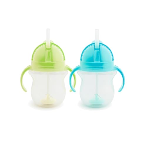 Munchkin Click Lock Tip & Sip Straw Cup Set | Baby & Toddler Sippy Cups with Straw| BPA Free Non Spill Cup| Dishwasher Safe Baby Straw Cup| Weighted Straw Childrens Cups| 7oz/207ml| 2 Pack| Green/Blue