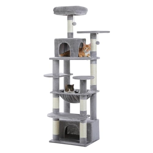 PETEPELA(ぺテぺラ) キャットタワー 大型猫用 コンパクト 多頭飼い 据え置き型 スリム ハンモック 麻紐爪とぎポール 猫のおもちゃ 転倒防止ベルト付き 展望台 猫ベッドカバー取り外し可能 運動不足解消 - M 高さ164cm グレー