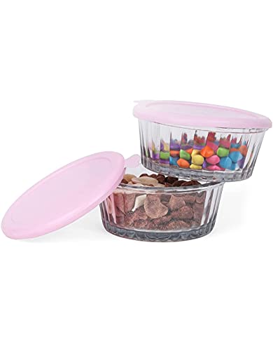 OM RADHEY Random Clour Lid Kitchen Glass Round Mixing Bowl with Multi Clour Lid Set of 2 for Kitchen, Baking, Prepping, Serving, Cooking-Medium Salad Bowl with Lid Set, 2 Pieces