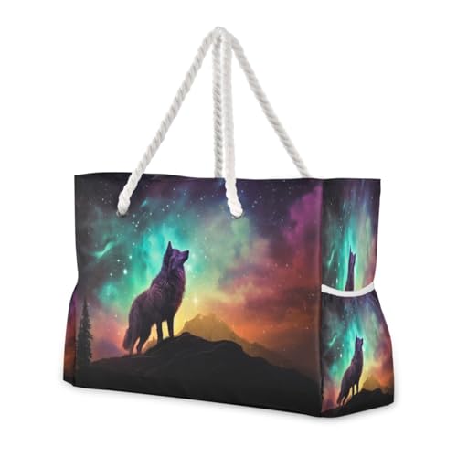 Dreamscapes Wolf Beach Bag with Top Zipper Closure, Waterproof Pool Bag, Large Beach Tote for Women#529