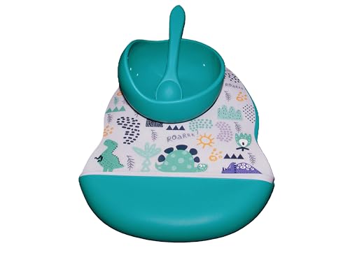 Kids Silicone marble Dinosaur print Bib set with Bowl and Spoon, Marble & Teal. 4-piece2