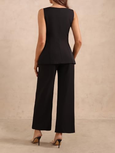 Women's 2 Piece Work Outfits Button Down Crew Neck Sleeveless Blazer Vet and Pants Set2