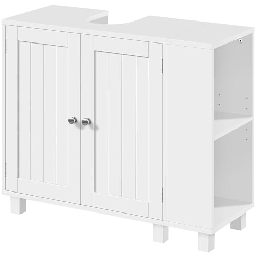 Yaheetech Mueble Bajo Lavabo, Armario de Baño, Apto para Lavabos con Pedestal, con Armario de Dos Puertas Estantes Ajustables Armario de Baño con Almacenamiento Lateral Abierto Ganchos, Blanco
