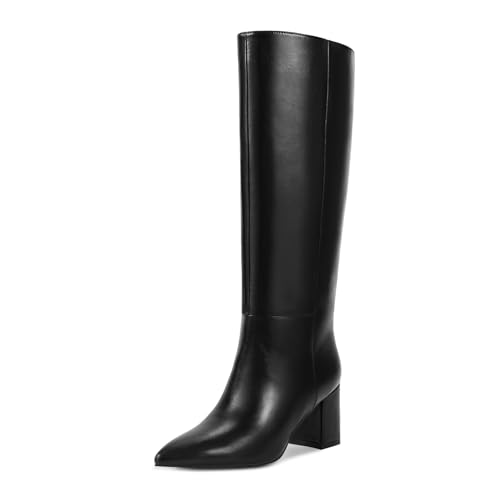 wetkiss Black Knee High Boots for Women Leather Boot Chunky Heel Pointed Toe Tall Long Pull-On Block Heel Boots (Matte Black Size8)