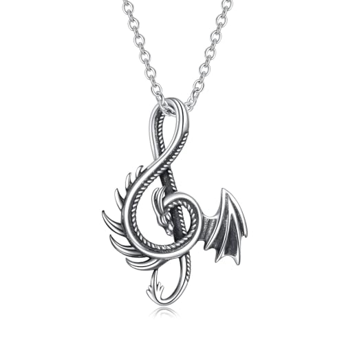 ONEFINITY Collier dragon en argent sterling 925 avec pendentif en forme de note de musique - Cadeau vintage pour homme, femme, fille, garçon, Argent sterling,...