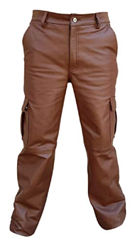 Mens Real Brown Leather 6 Pockets Cargo Pants Jeans Fully Lined