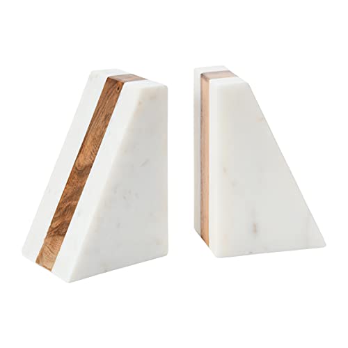 Main + Mesa Marble Geometric Bookends with Wood Inlay, White
