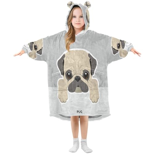 Cute Pug Puppy Dog Wearable Blanket Hoodie Kids Oversized Flannel Blanket Sweatshirt Boy Girl Gifts L